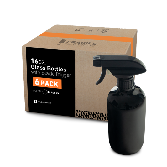 16 oz Black UV Glass Boston Round Bottle With Black Trigger Sprayer (6 Pack)