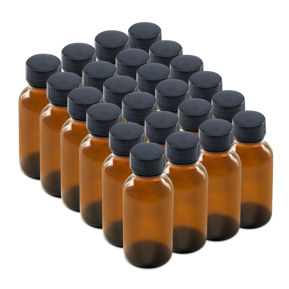 1 oz Amber Glass Boston Round Bottles With Black Lids (24/72 Pack)