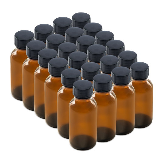 1 oz Amber Glass Boston Round Bottles With Black Lids