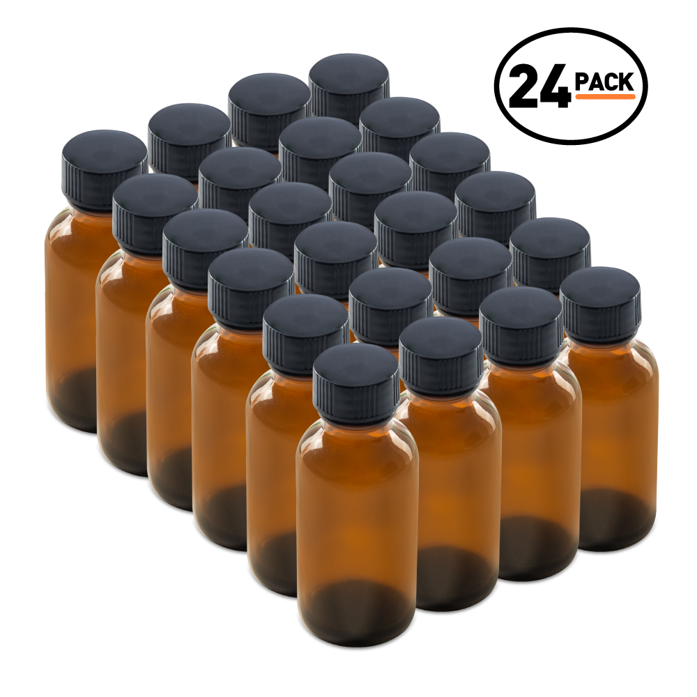 1 oz Amber Glass Boston Round Bottles With Black Lids (24/72 Pack)