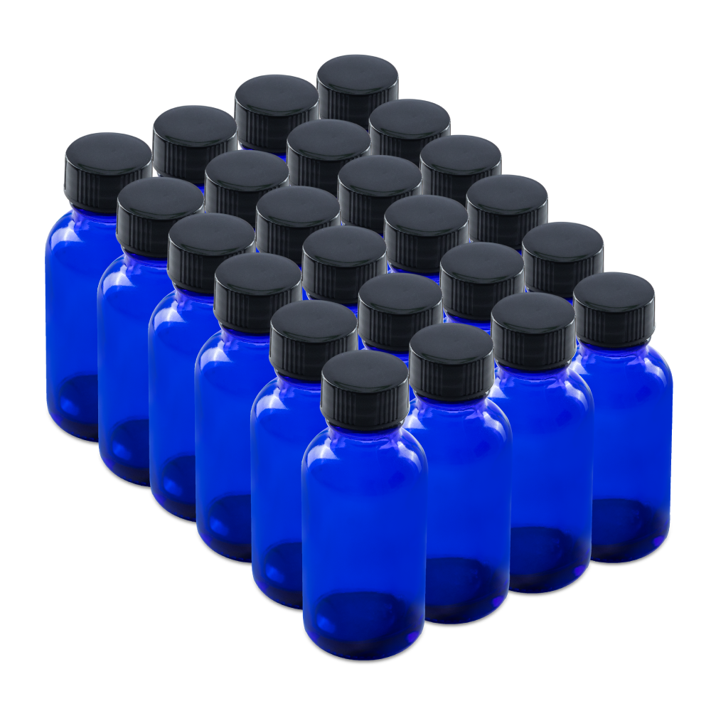 1 oz Blue Glass Boston Round Bottles With Black Lids (24/72 Pack)