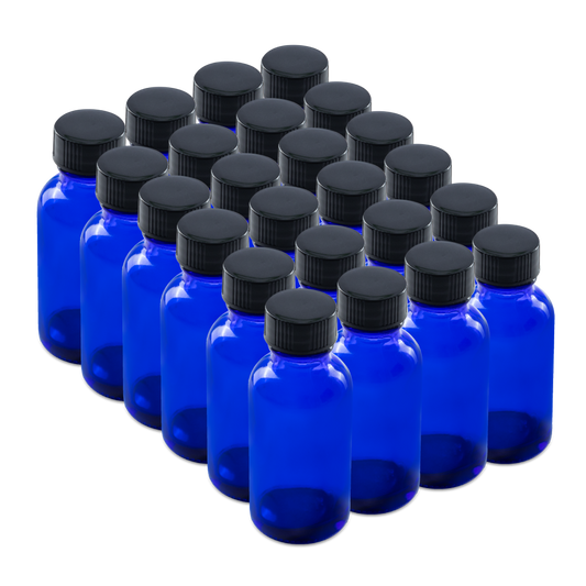 1 oz Blue Glass Boston Round Bottles With Black Lids 