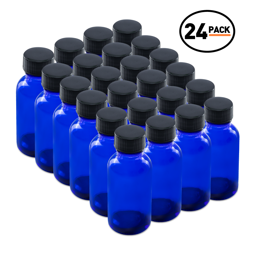 1 oz Blue Glass Boston Round Bottles With Black Lids (24/72 Pack)