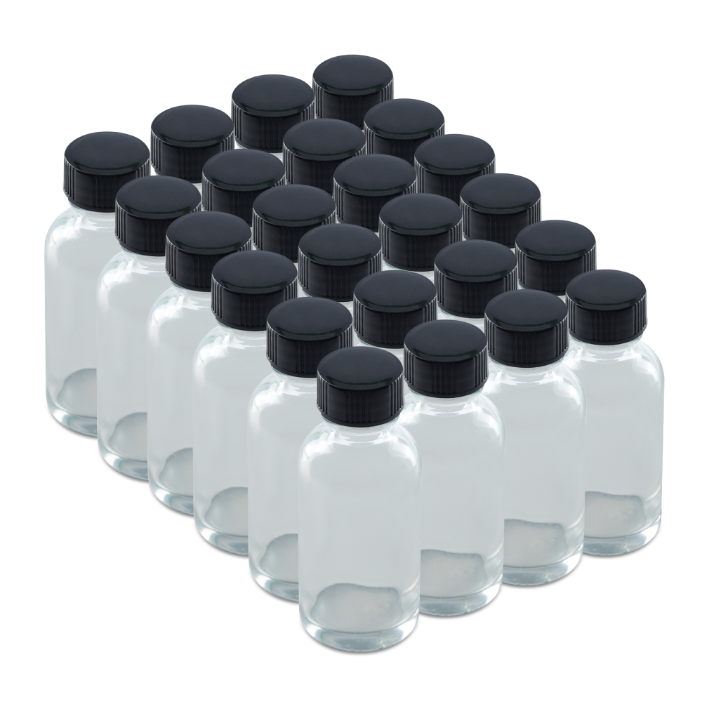 1 oz Clear Glass Boston Round Bottles With Black Lids (24/72 Pack)