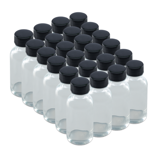 1 oz Clear Glass Boston Round Bottles With Black Lids (24/72 Pack)