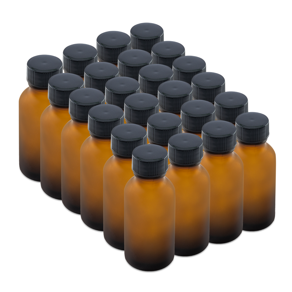 1 oz Amber Frosted Glass Boston Round Bottles With Black Lids (24/72 Pack)