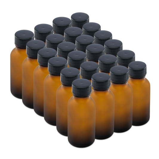 1 oz Amber Frosted Glass Boston Round Bottles With Black Lids