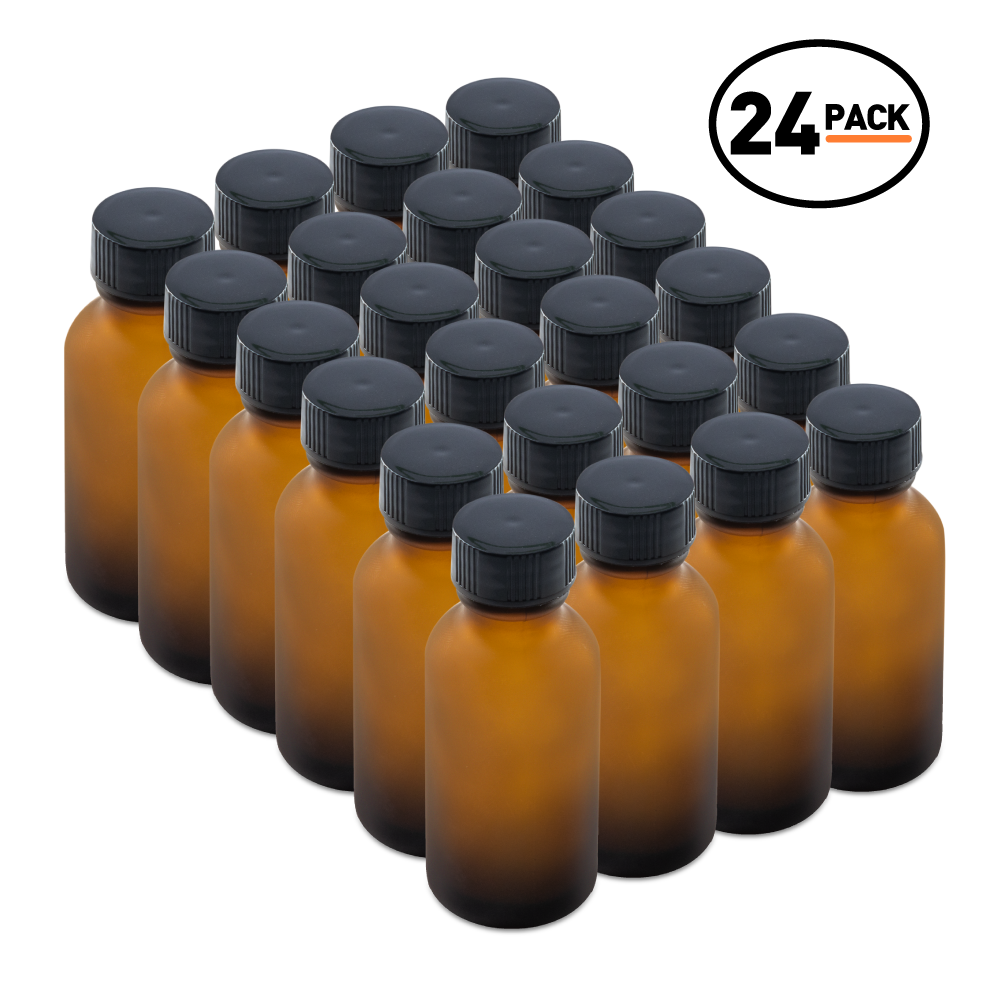 1 oz Amber Frosted Glass Boston Round Bottles With Black Lids (24/72 Pack)