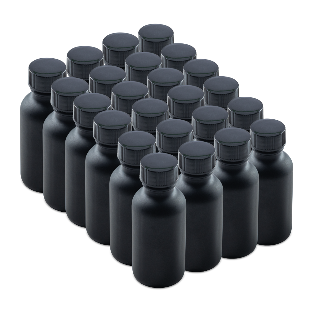 1 oz Black Frosted Glass Boston Round Bottles With Black Lids (24/72 Pack)