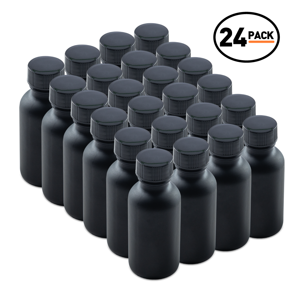 1 oz Black Frosted Glass Boston Round Bottles With Black Lids (24/72 Pack)