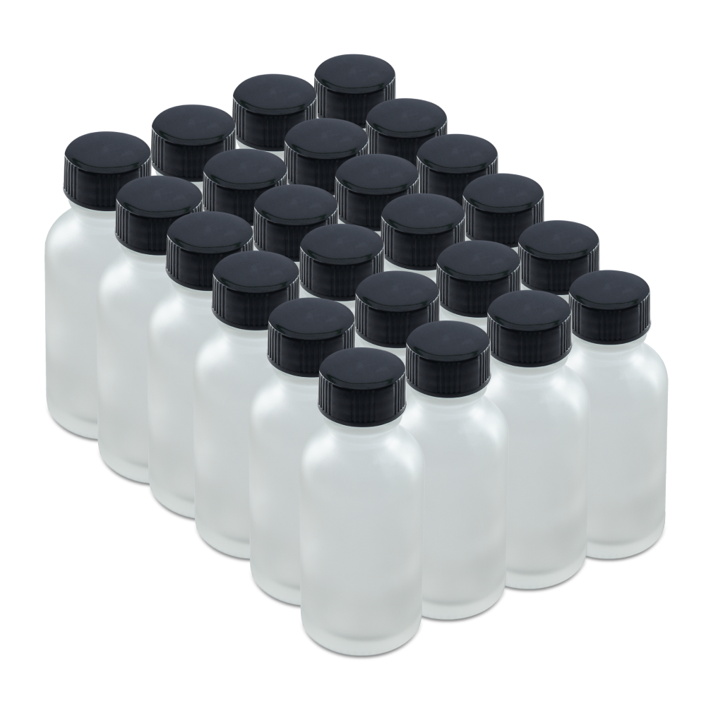 1 oz Clear Frosted Glass Boston Round Bottles With Black Lids (24/72 Pack)