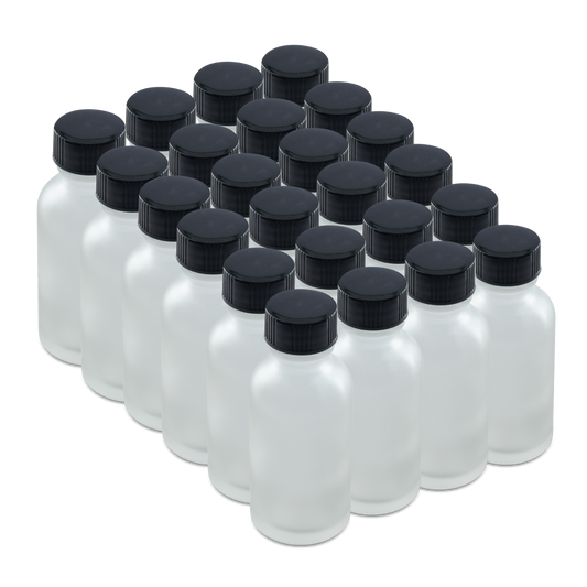 1 oz Clear Frosted Glass Boston Round Bottles With Black Lids (24/72 Pack)