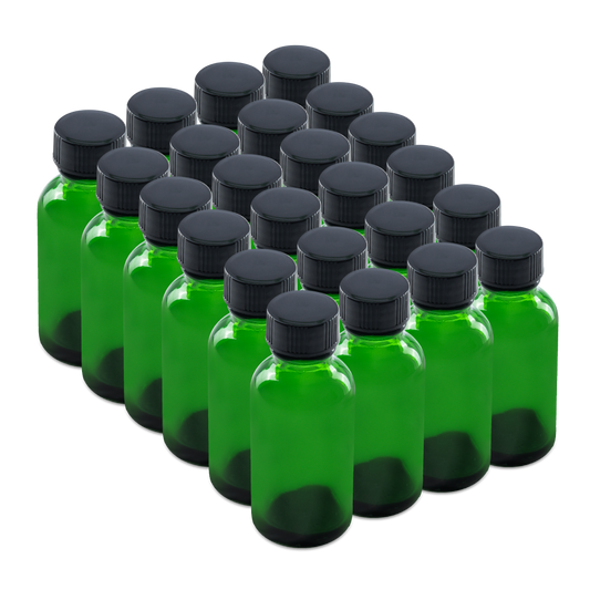 1 oz Green Glass Boston Round Bottles With Black Lids