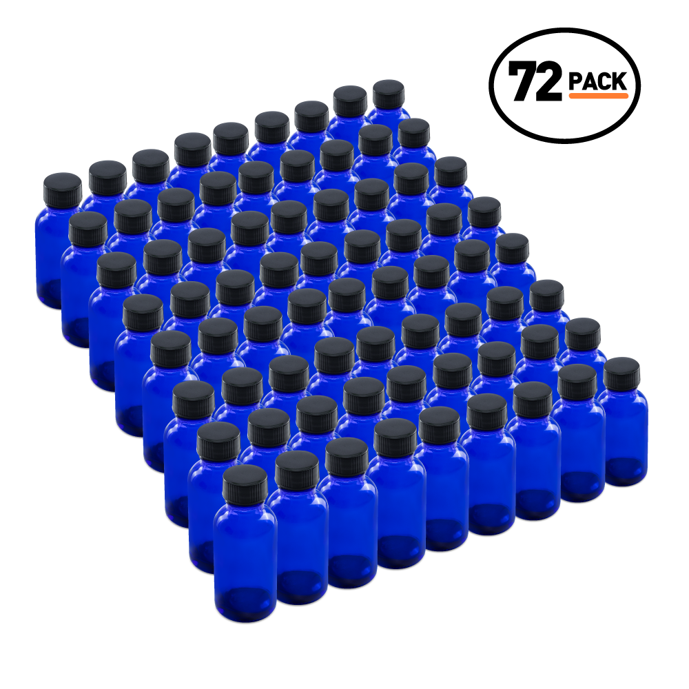 1 oz Blue Glass Boston Round Bottles With Black Lids (24/72 Pack)