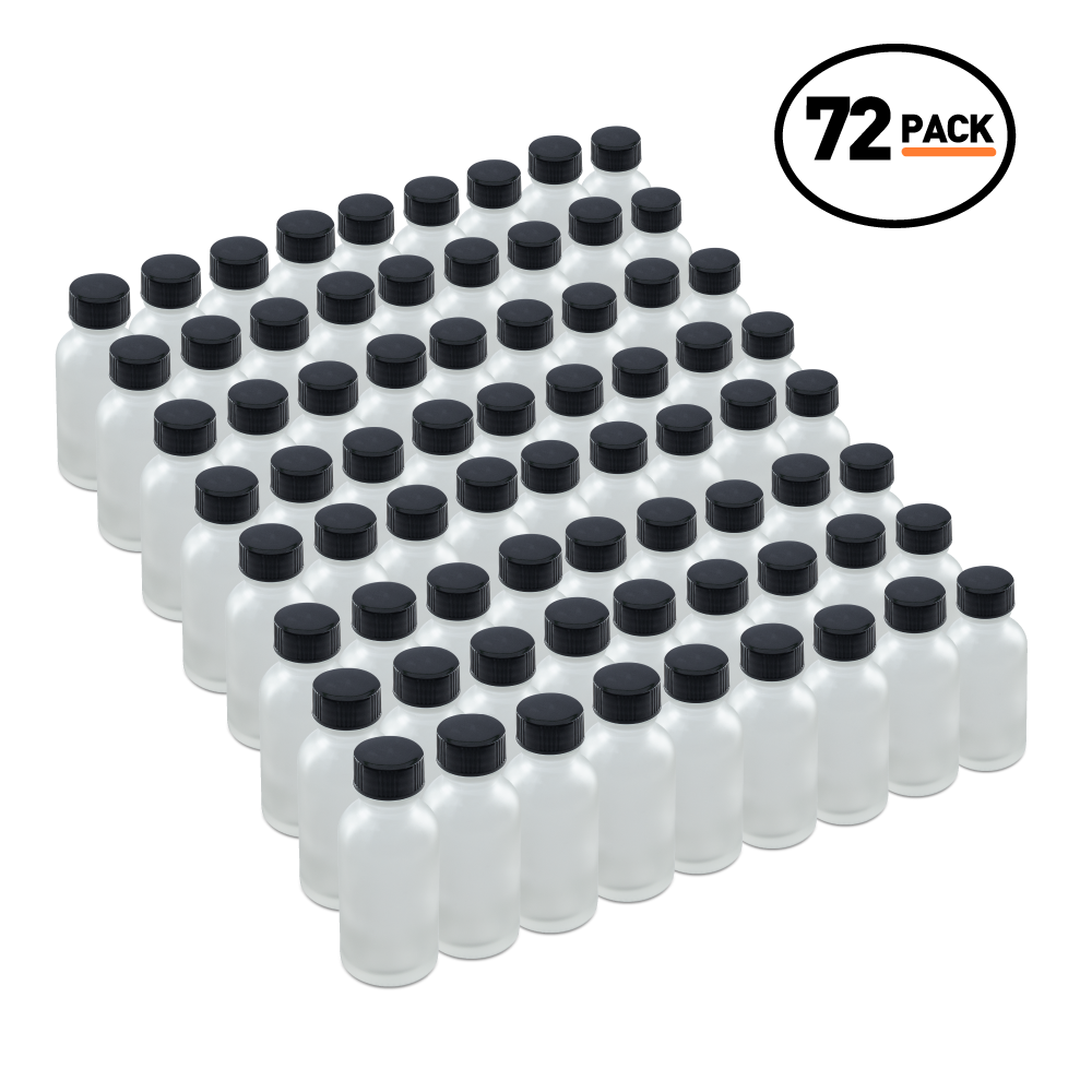 1 oz Clear Frosted Glass Boston Round Bottles With Black Lids (24/72 Pack)