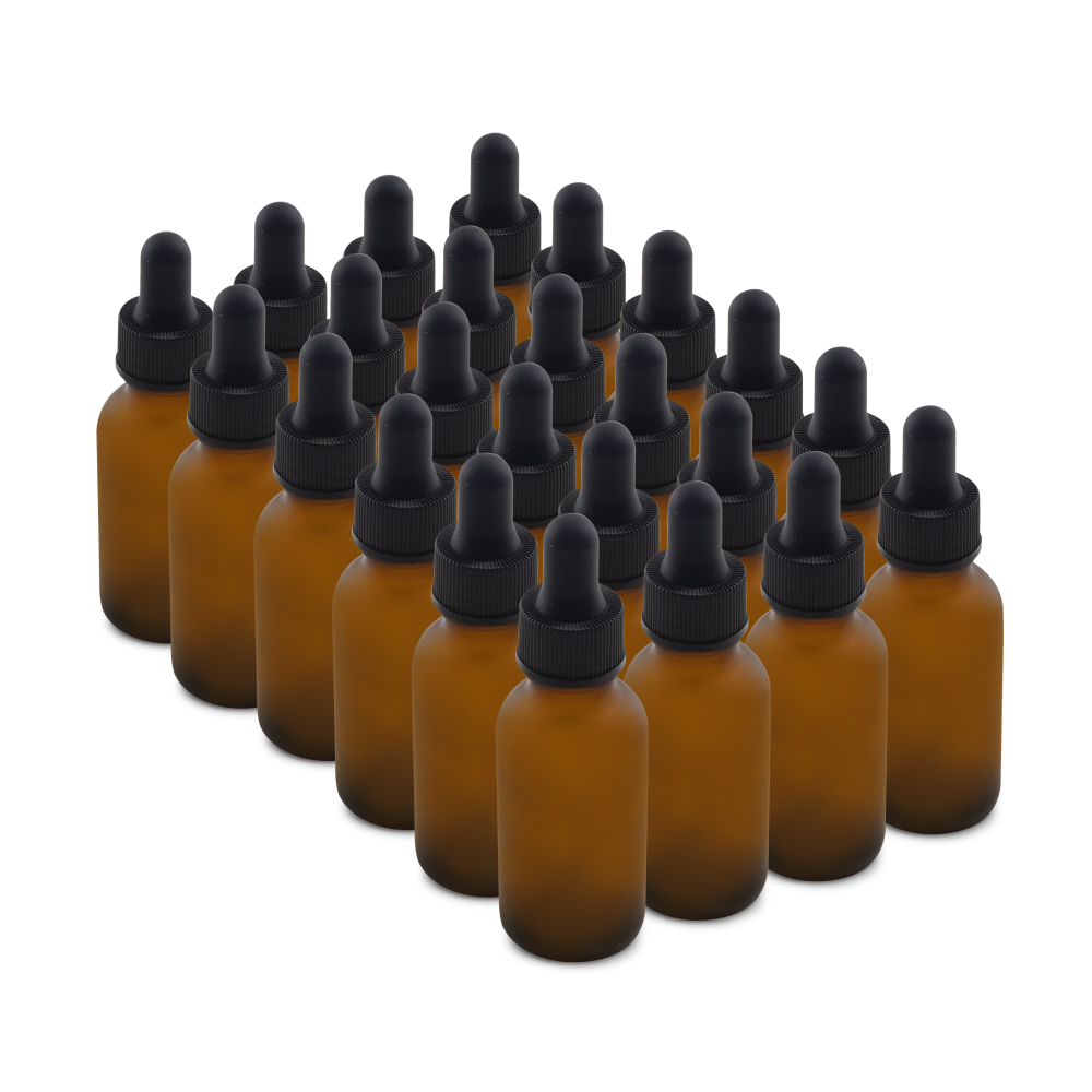 1 oz Amber Frosted Glass Boston Round Bottle With Black Dropper