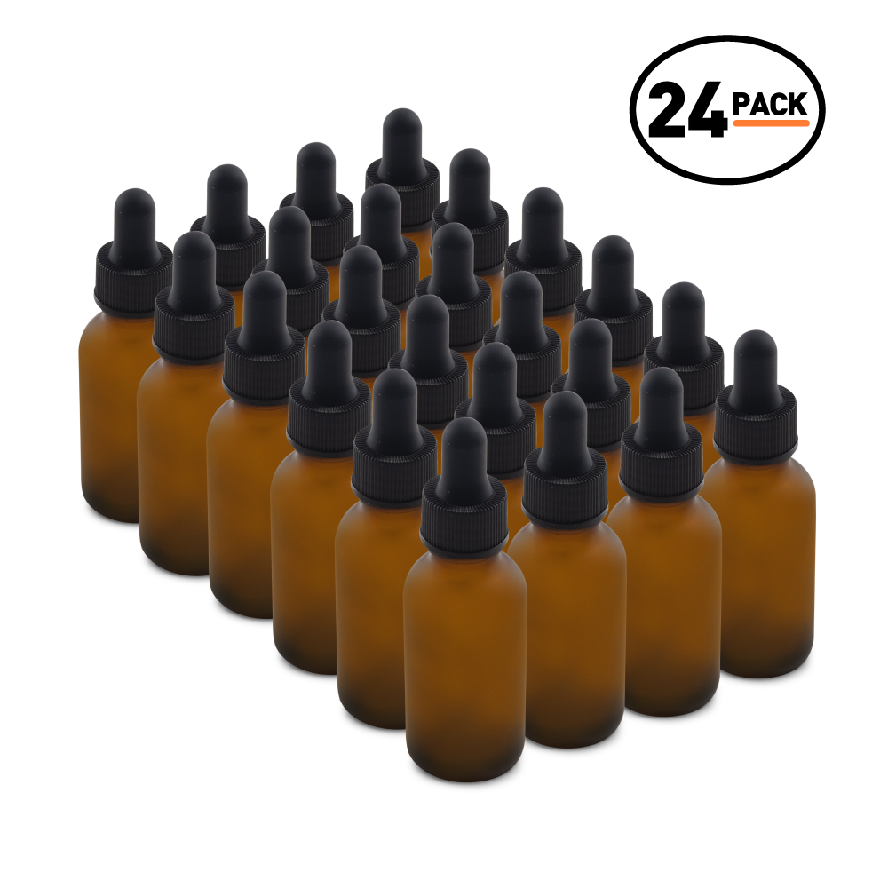 1 oz Amber Frosted Glass Boston Round Bottle With Black Dropper (24/72 Pack)