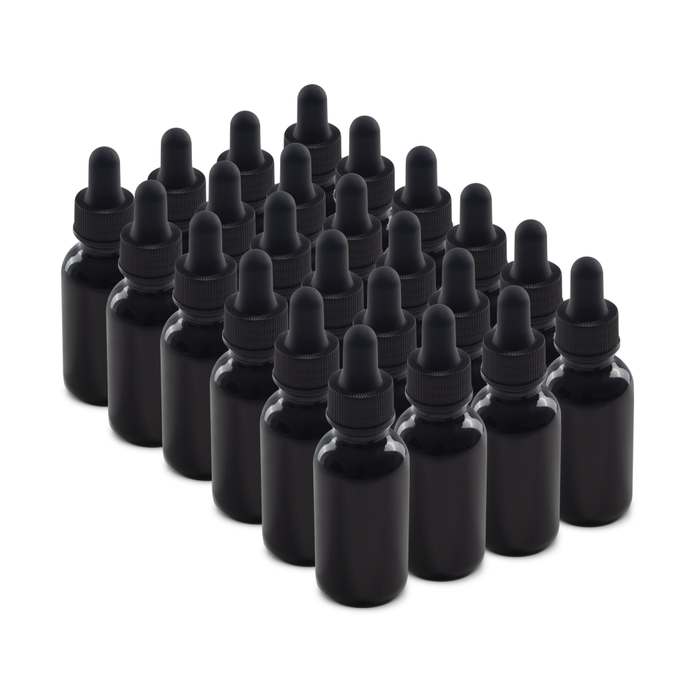 1 oz Black UV Glass Boston Round Bottle With Black Dropper