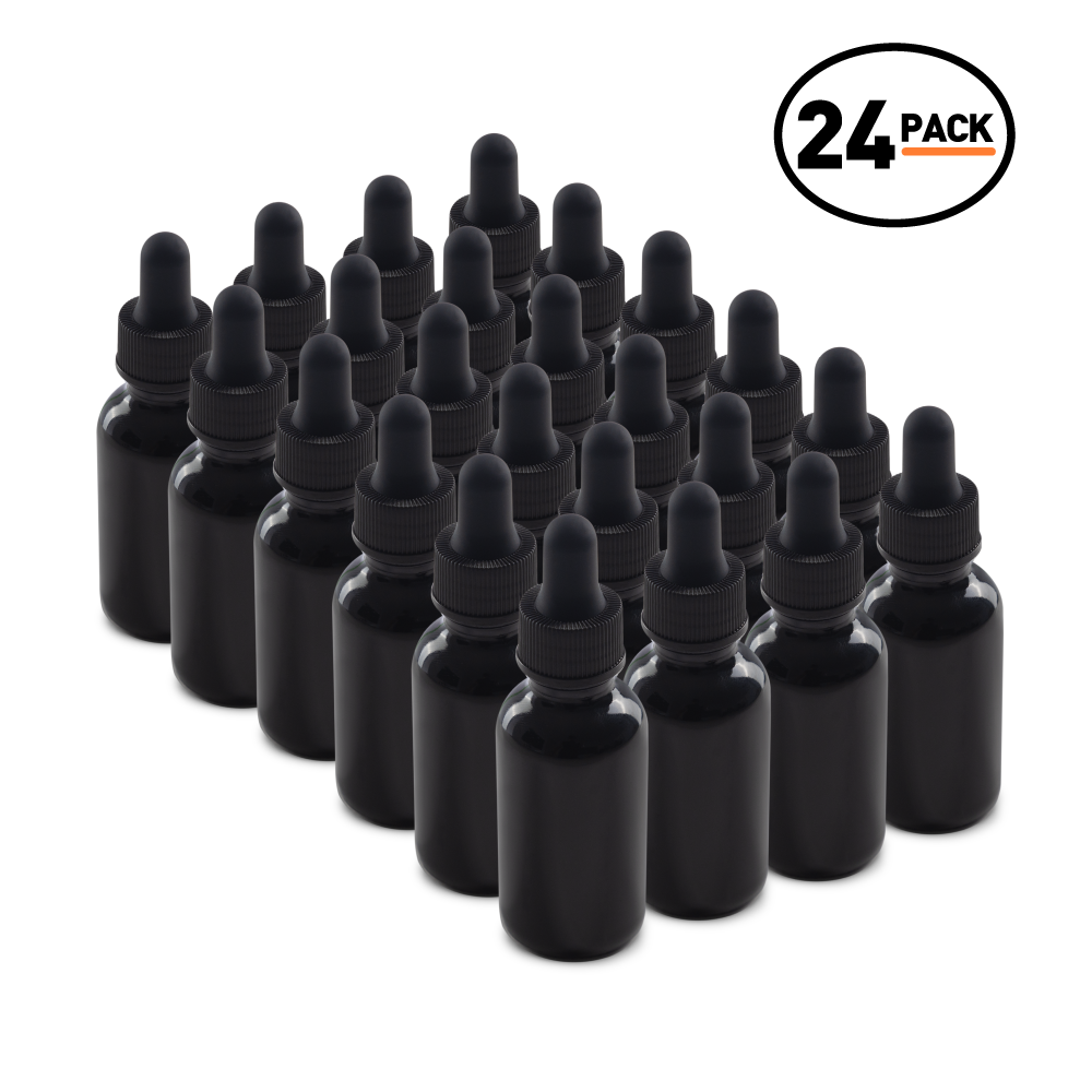 1 oz Black UV Glass Boston Round Bottle With Black Dropper (24 Pack)