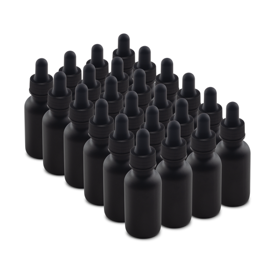 1 oz Black Frosted Glass Boston Round Bottle With Black Dropper (24/72 Pack)