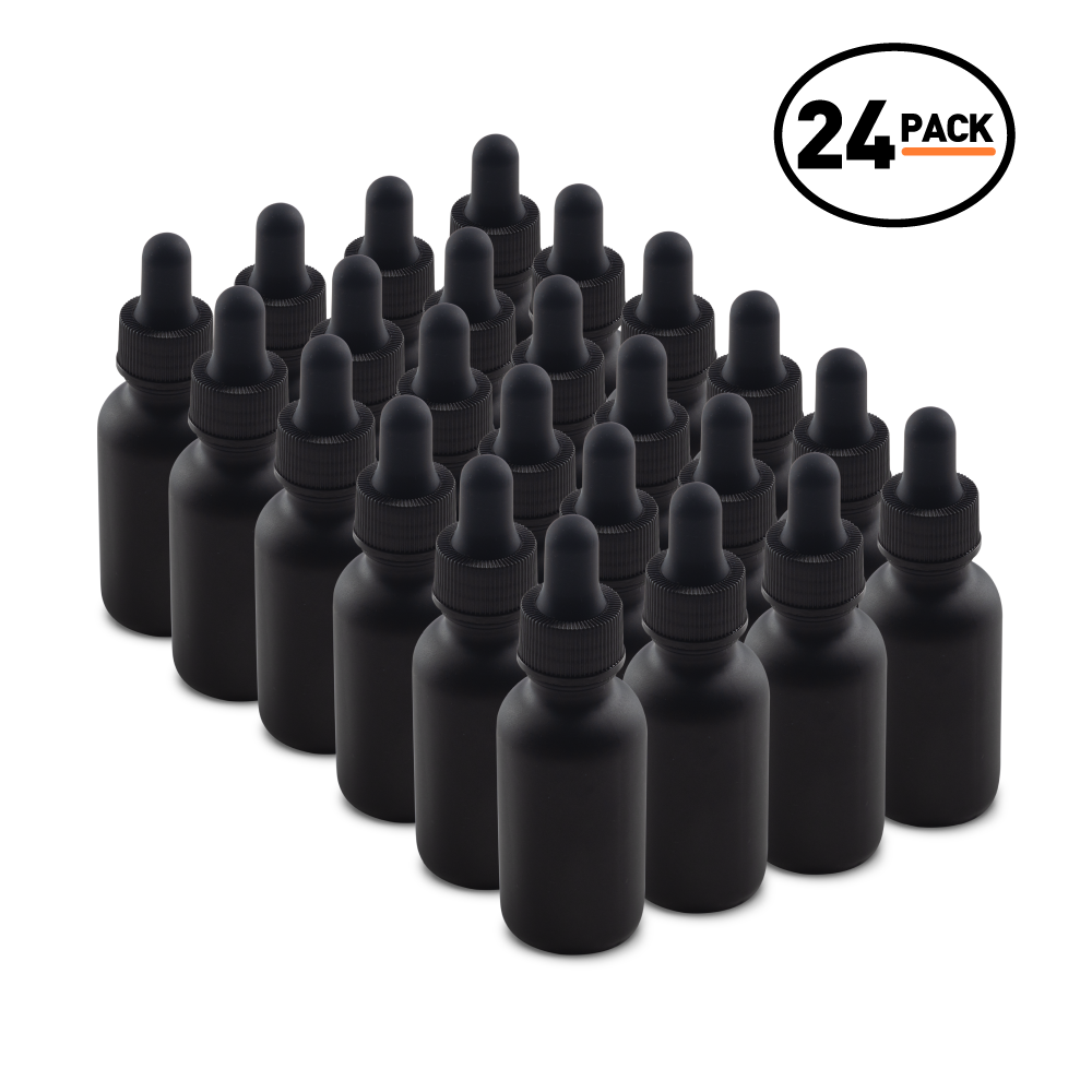 1 oz Black Frosted Glass Boston Round Bottle With Black Dropper (24 Pack)