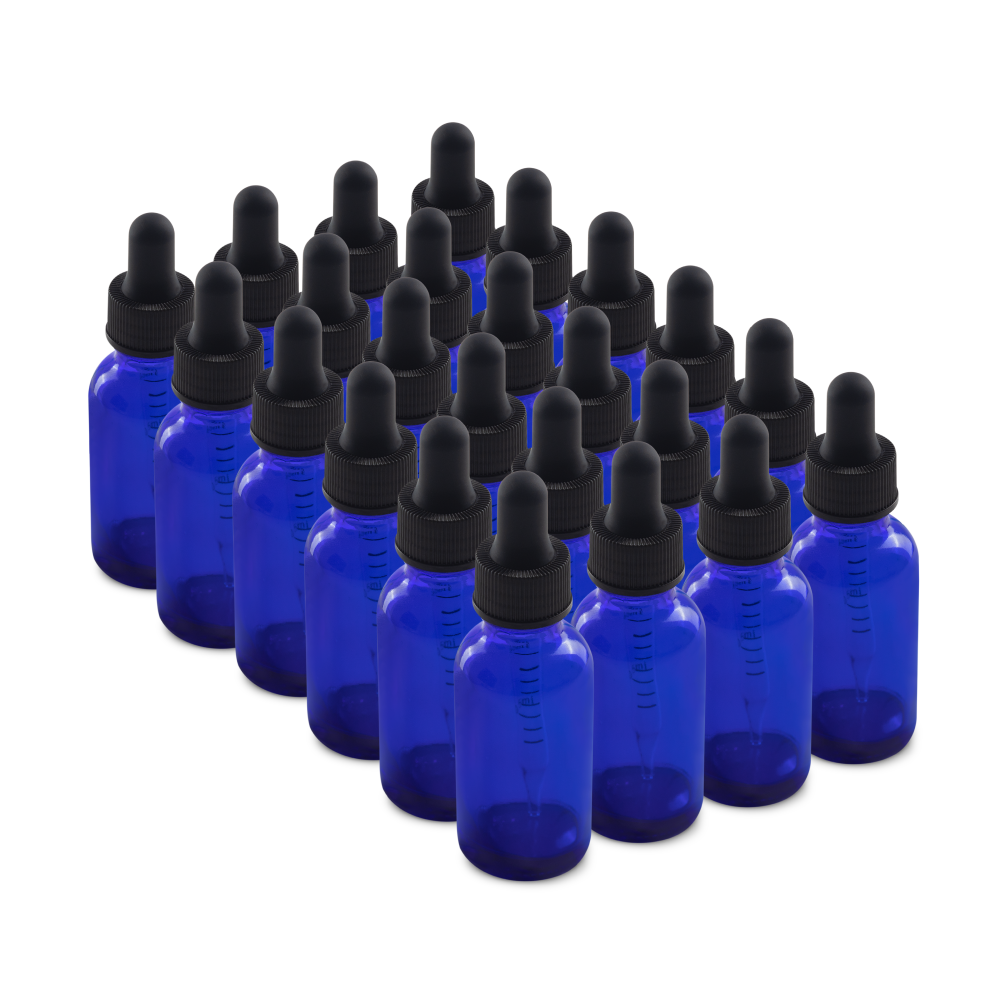 1 oz Blue Glass Boston Round Bottle With Black Dropper