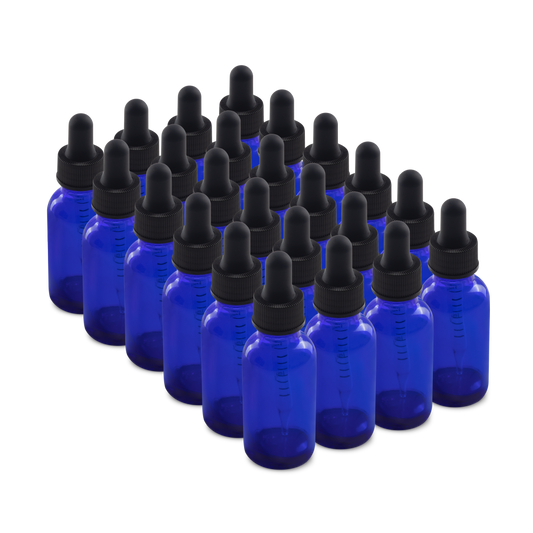 1 oz Blue Glass Boston Round Bottle With Black Dropper