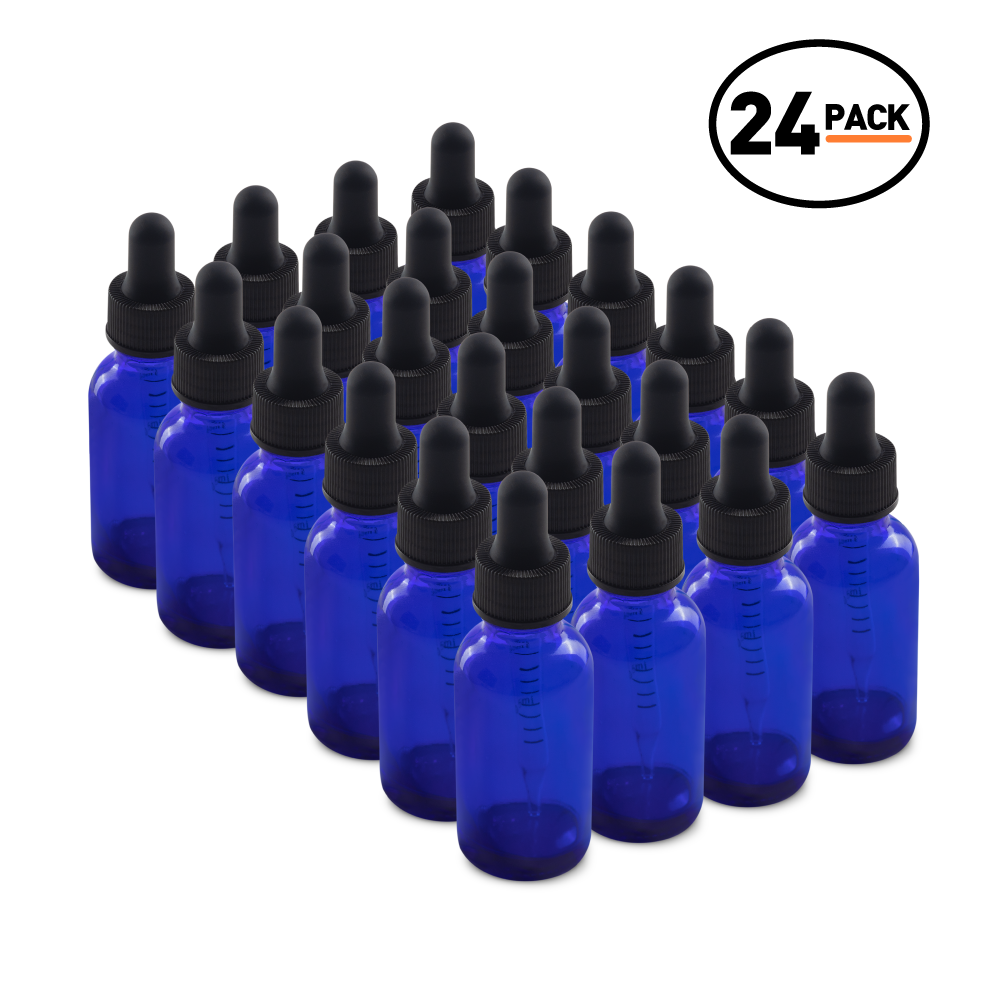 1 oz Blue Glass Boston Round Bottle With Black Dropper (24 Pack)