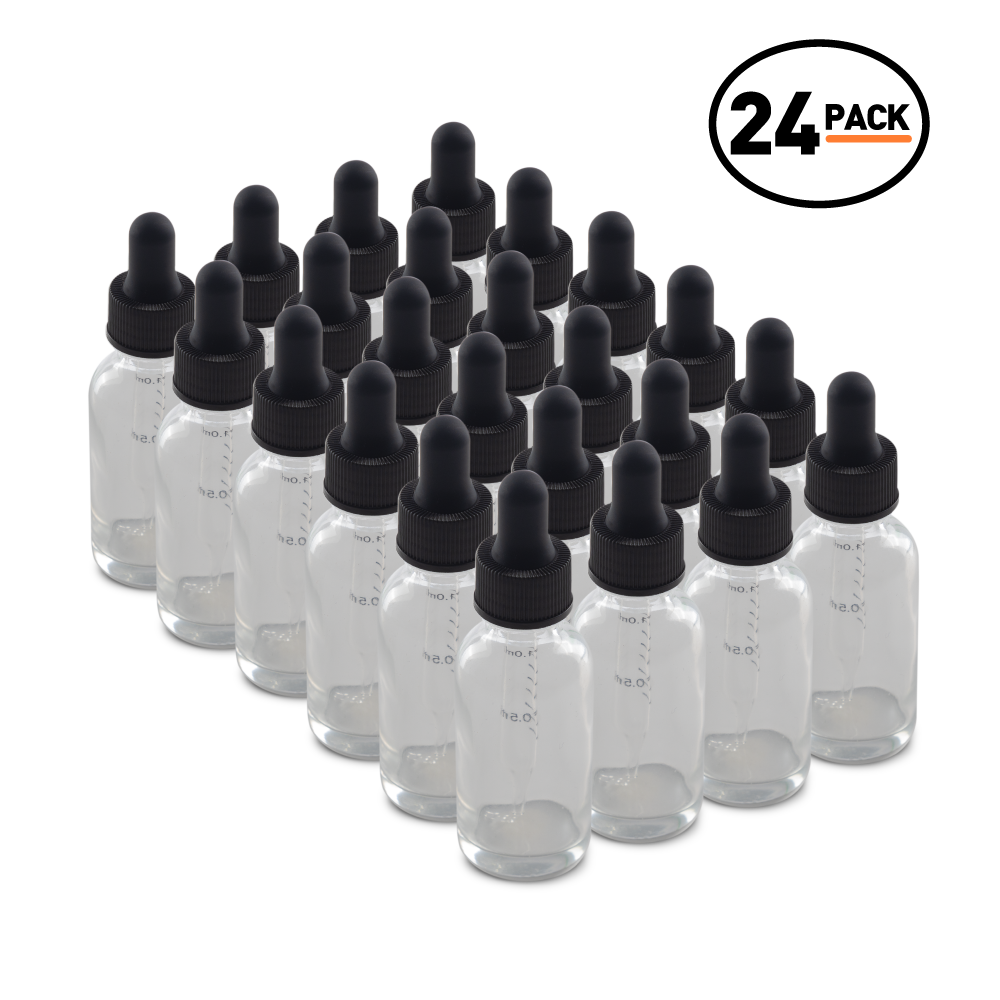 1 oz Clear Glass Boston Round Bottle With Black Dropper (24/72 Pack)