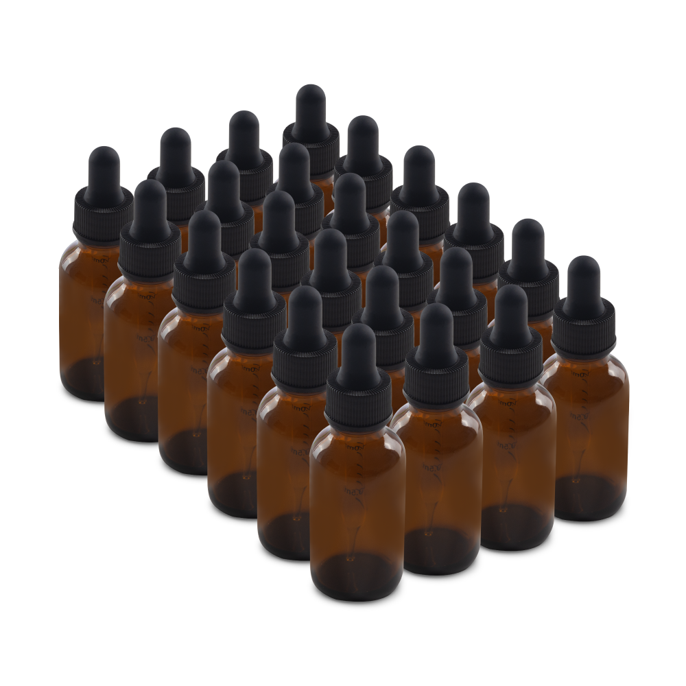 1 oz Amber Glass Boston Round Bottle With Black Dropper (24/72 Pack)