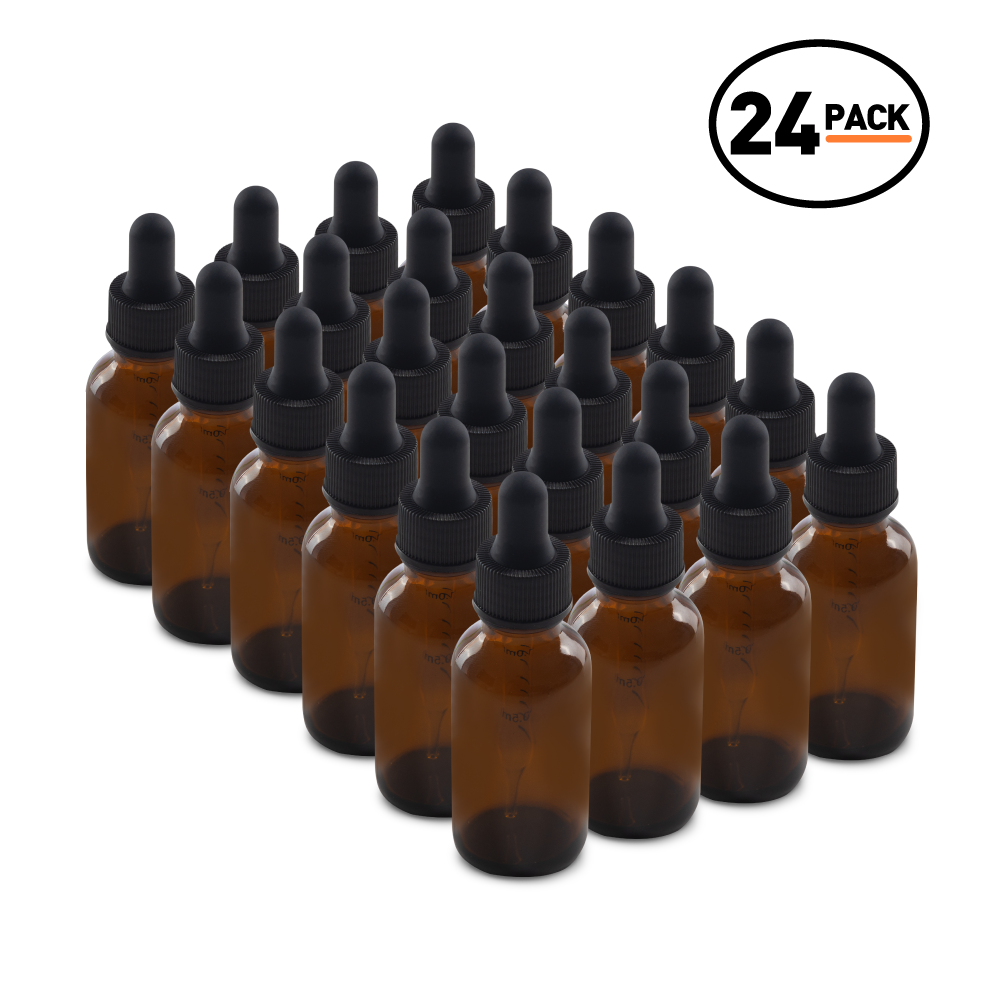 1 oz Amber Glass Boston Round Bottle With Black Dropper (24 Pack)