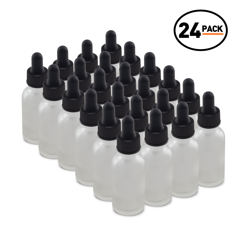 1 oz Clear Frosted Glass Boston Round Bottle With Black Dropper (24 Pack)