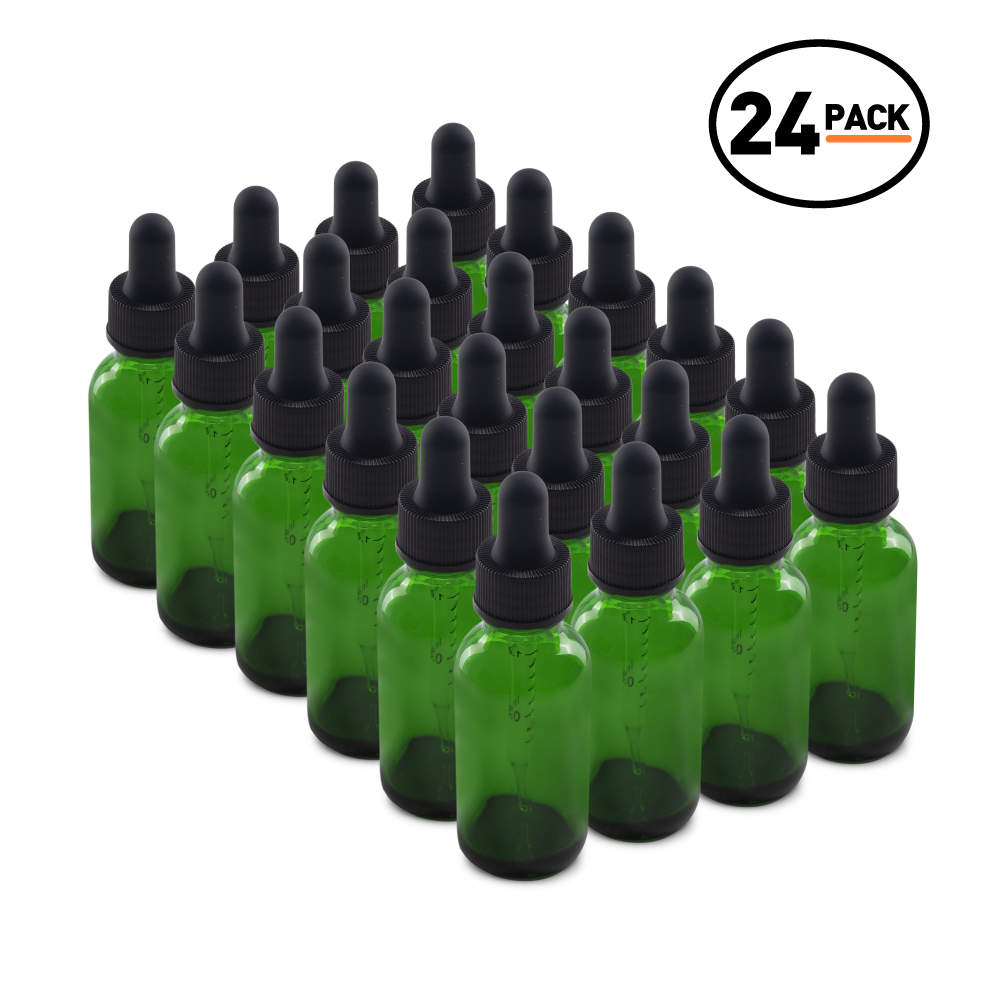 1 oz Green Glass Boston Round Bottle With Black Dropper (24 Pack)