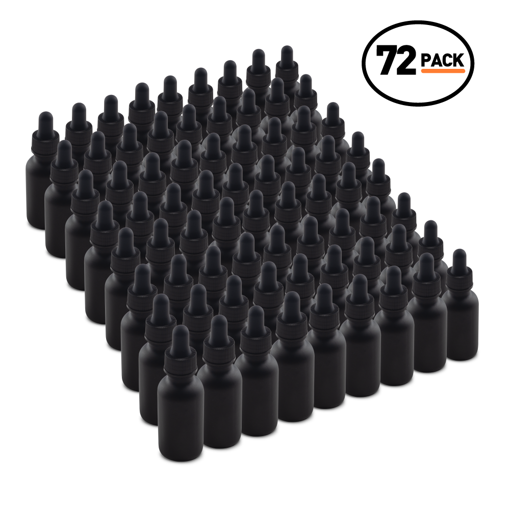 1 oz Black Frosted Glass Boston Round Bottle With Black Dropper (72 Pack)