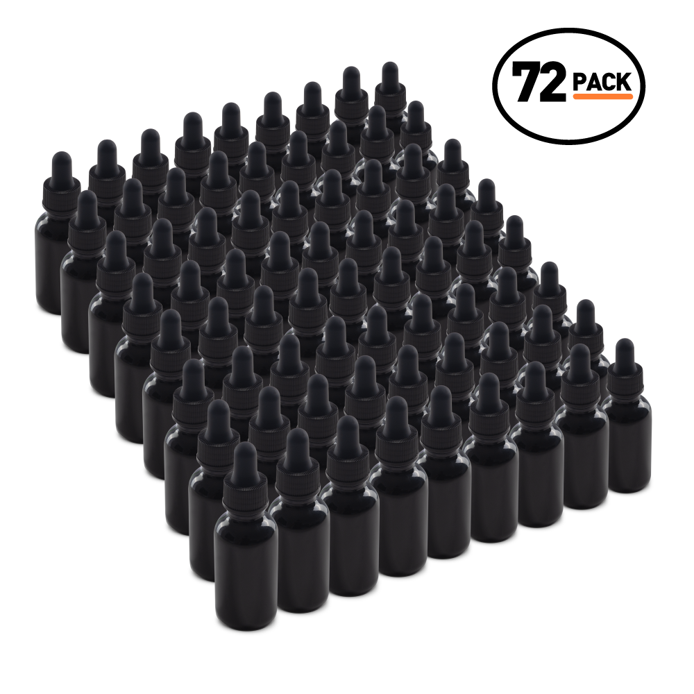 1 oz Black UV Glass Boston Round Bottle With Black Dropper (72 Pack)