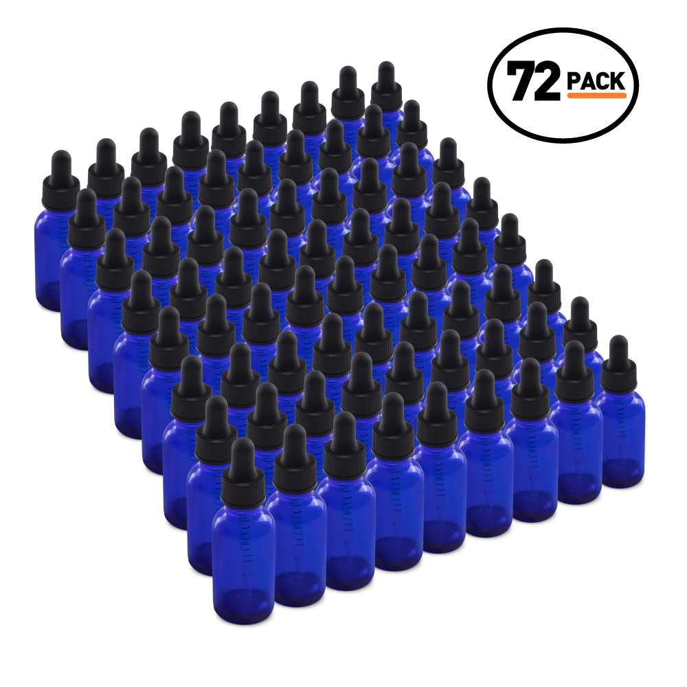 1 oz Blue Glass Boston Round Bottle With Black Dropper (72 Pack)