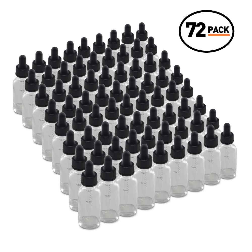 1 oz Clear Glass Boston Round Bottle With Black Dropper (72 Pack)