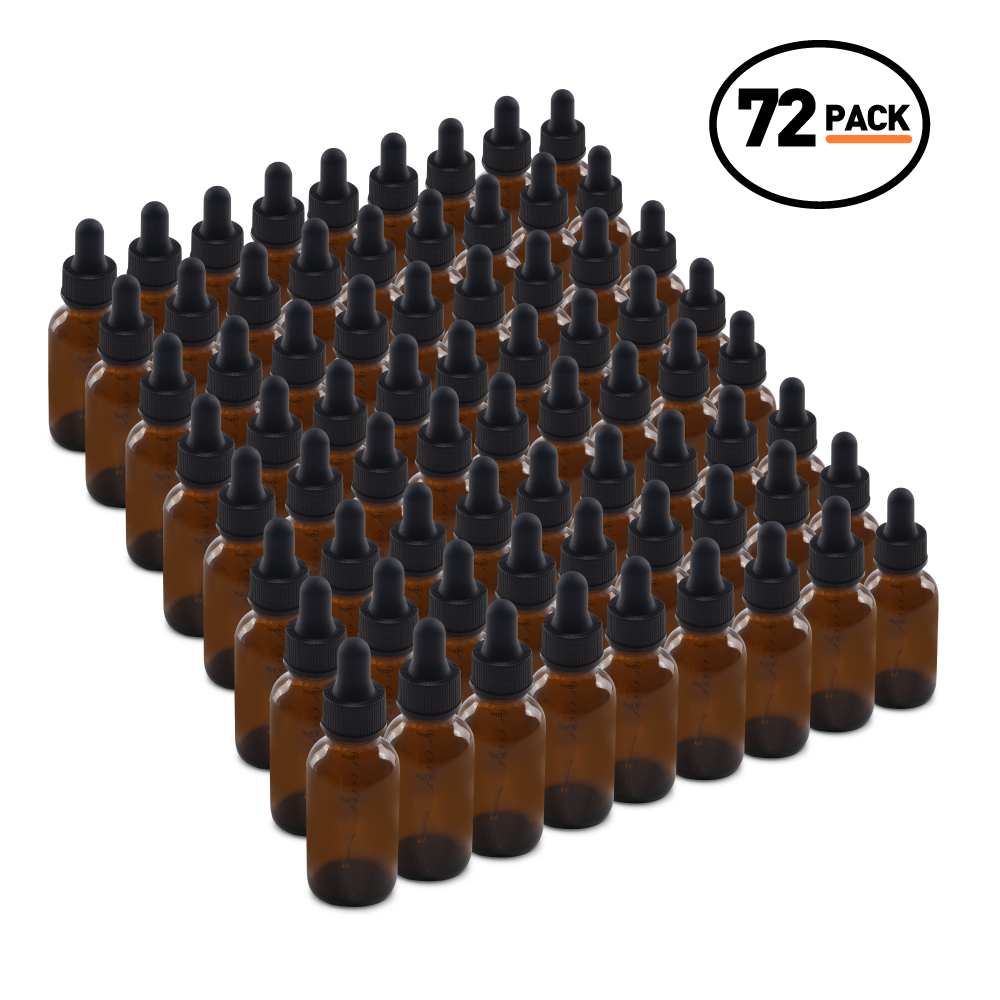 1 oz Amber Glass Boston Round Bottle With Black Dropper (72 Pack)