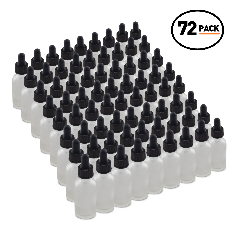 1 oz Clear Frosted Glass Boston Round Bottle With Black Dropper (72 Pack)