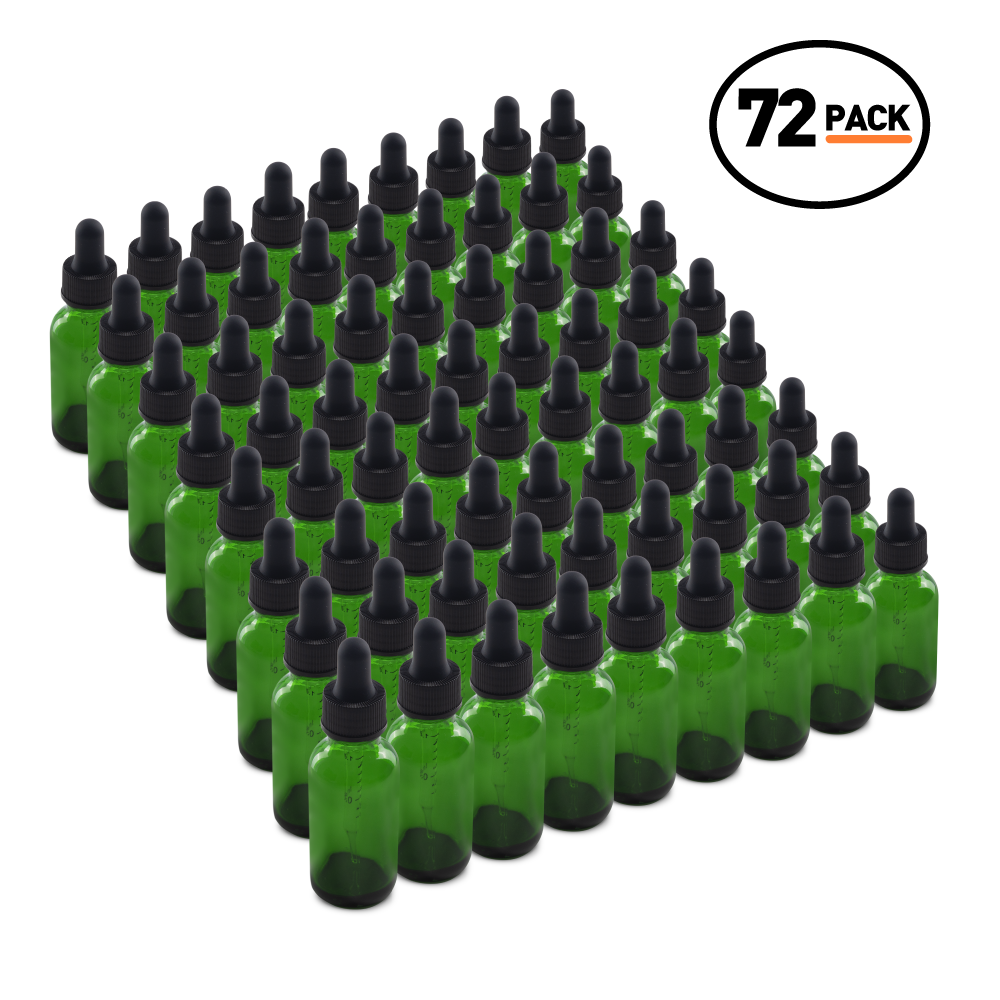 1 oz Green Glass Boston Round Bottle With Black Dropper (72 Pack)