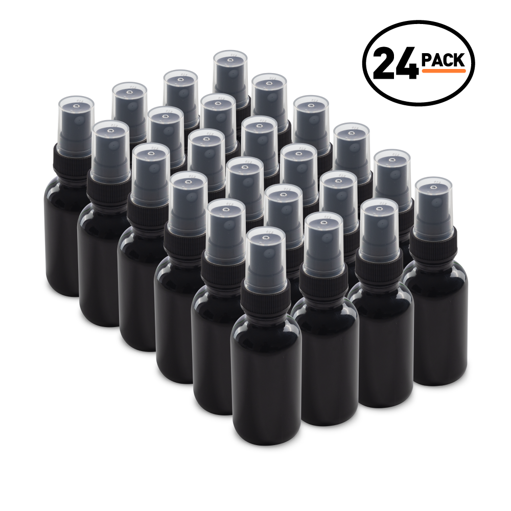 1 oz Black UV Glass Boston Round Bottles With Black Fine Mist Sprayers (24/72 Pack)