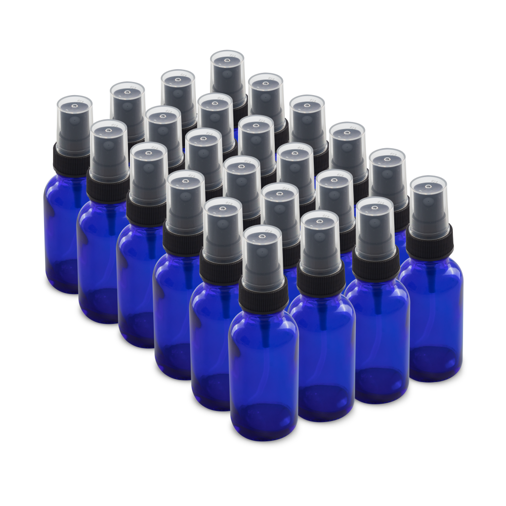 1 oz Blue Glass Boston Round Bottles With Black Fine Mist Sprayers (24/72 Pack)