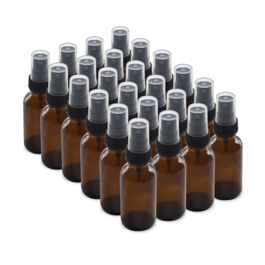 1 oz Amber Glass Boston Round Bottles With Black Fine Mist Sprayers (24/72 Pack)