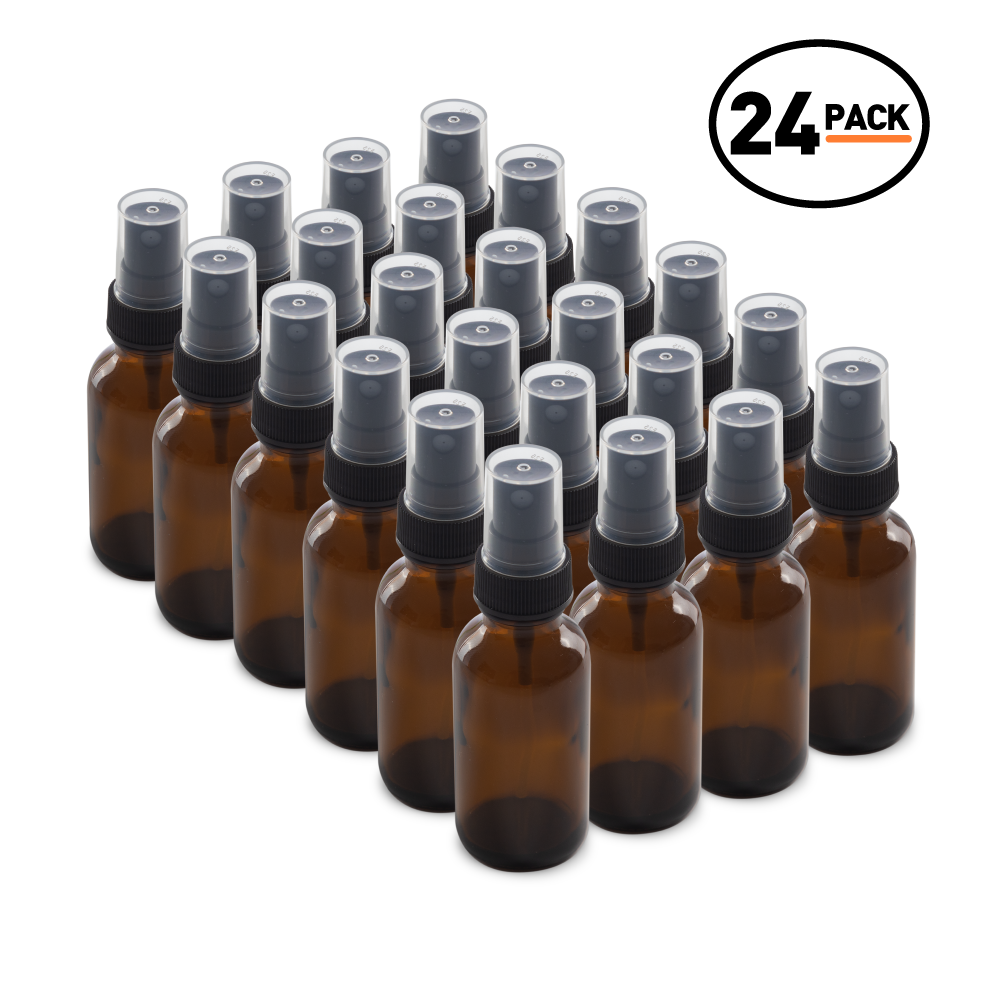 1 oz Amber Glass Boston Round Bottles With Black Fine Mist Sprayers (24/72 Pack)
