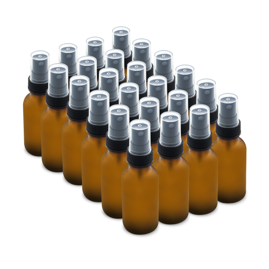 1 oz Amber Frosted Glass Boston Round Bottles With Black Fine Mist Sprayers (24/72 Pack)