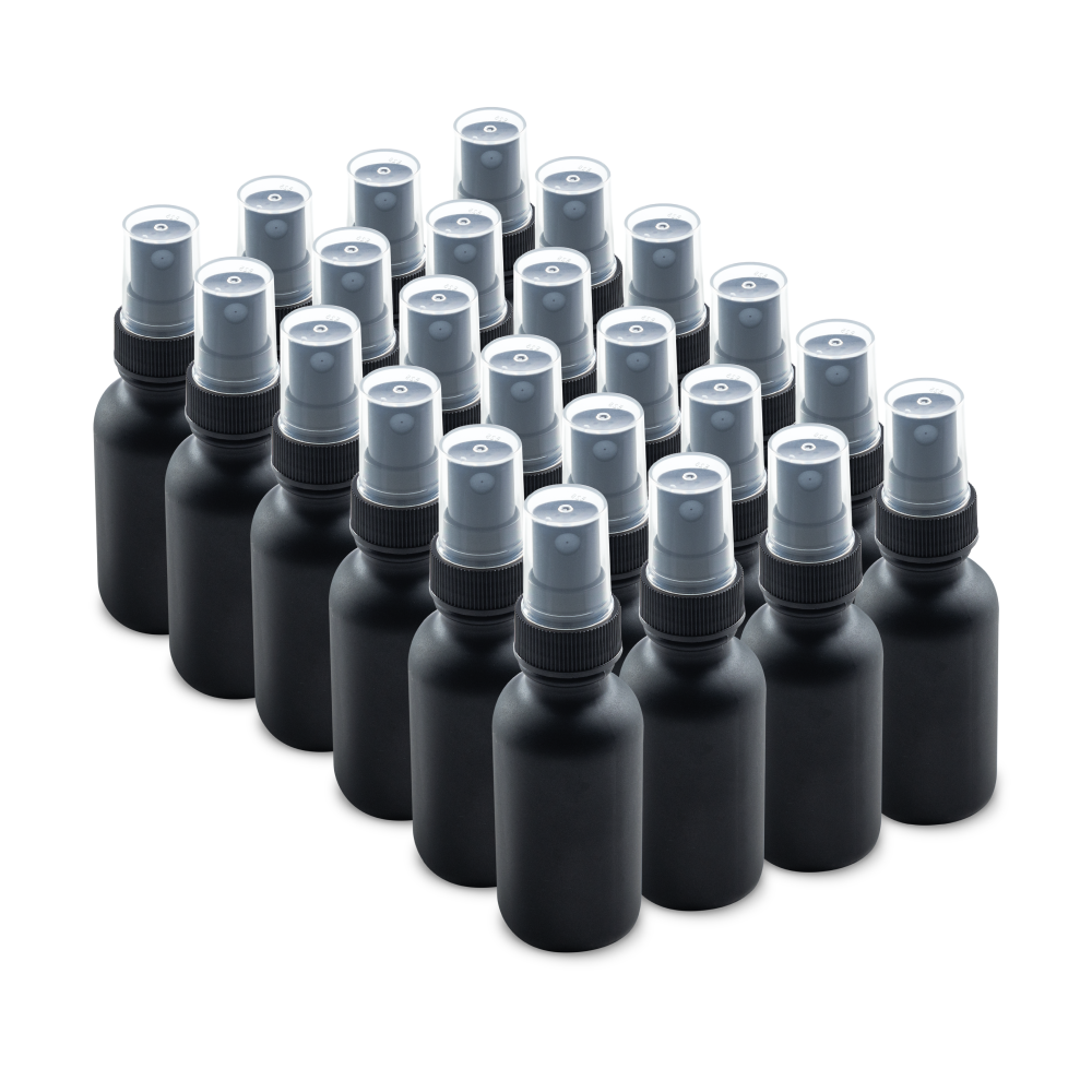 1 oz Black Frosted Glass Boston Round Bottles With Black Fine Mist Sprayers 