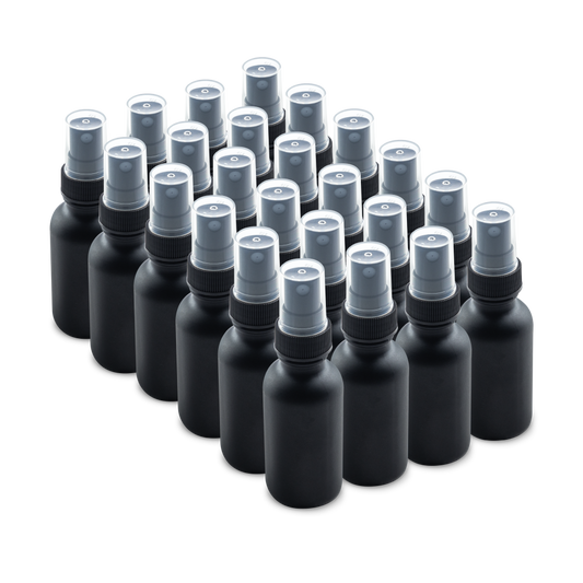 1 oz Black Frosted Glass Boston Round Bottles With Black Fine Mist Sprayers (24/72 Pack)