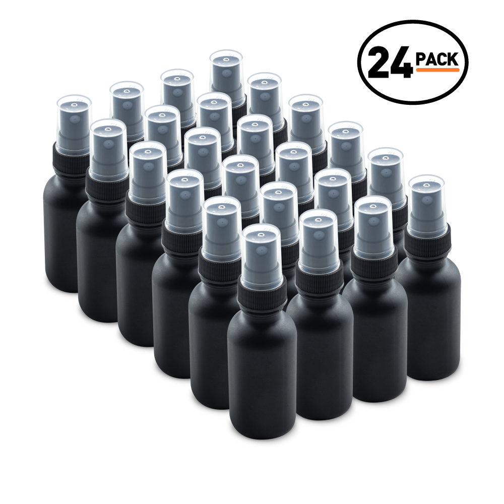 1 oz Black Frosted Glass Boston Round Bottles With Black Fine Mist Sprayers (24 Pack)