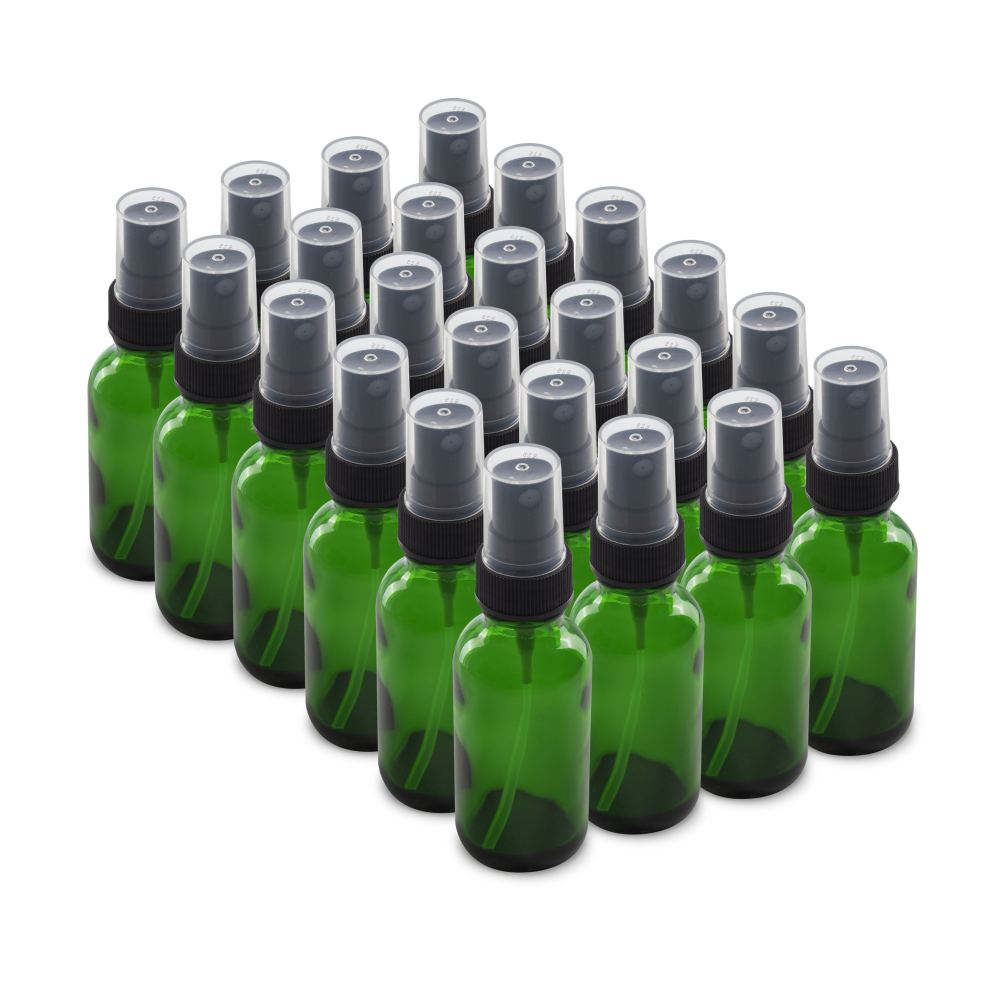 1 oz Green Glass Boston Round Bottles With Black Fine Mist Sprayers (24/72 Pack)