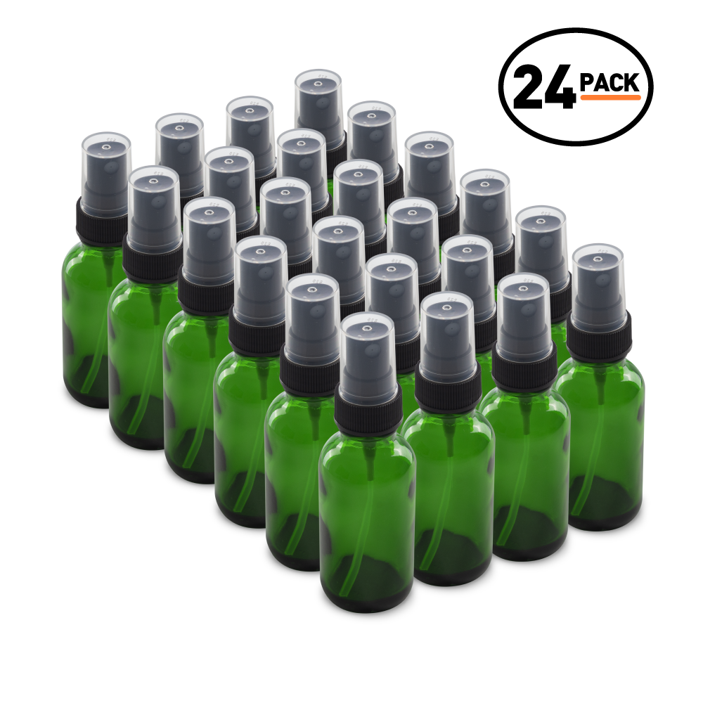 1 oz Green Glass Boston Round Bottles With Black Fine Mist Sprayers (24/72 Pack)